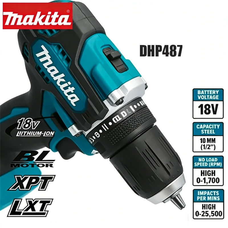 Nowa wiertarko-wkrętarka bezszczotkowa Makita DHP487 z akumulatorem, model 2026, elektryczna wkrętarka o wysokim momencie obrotowym.
