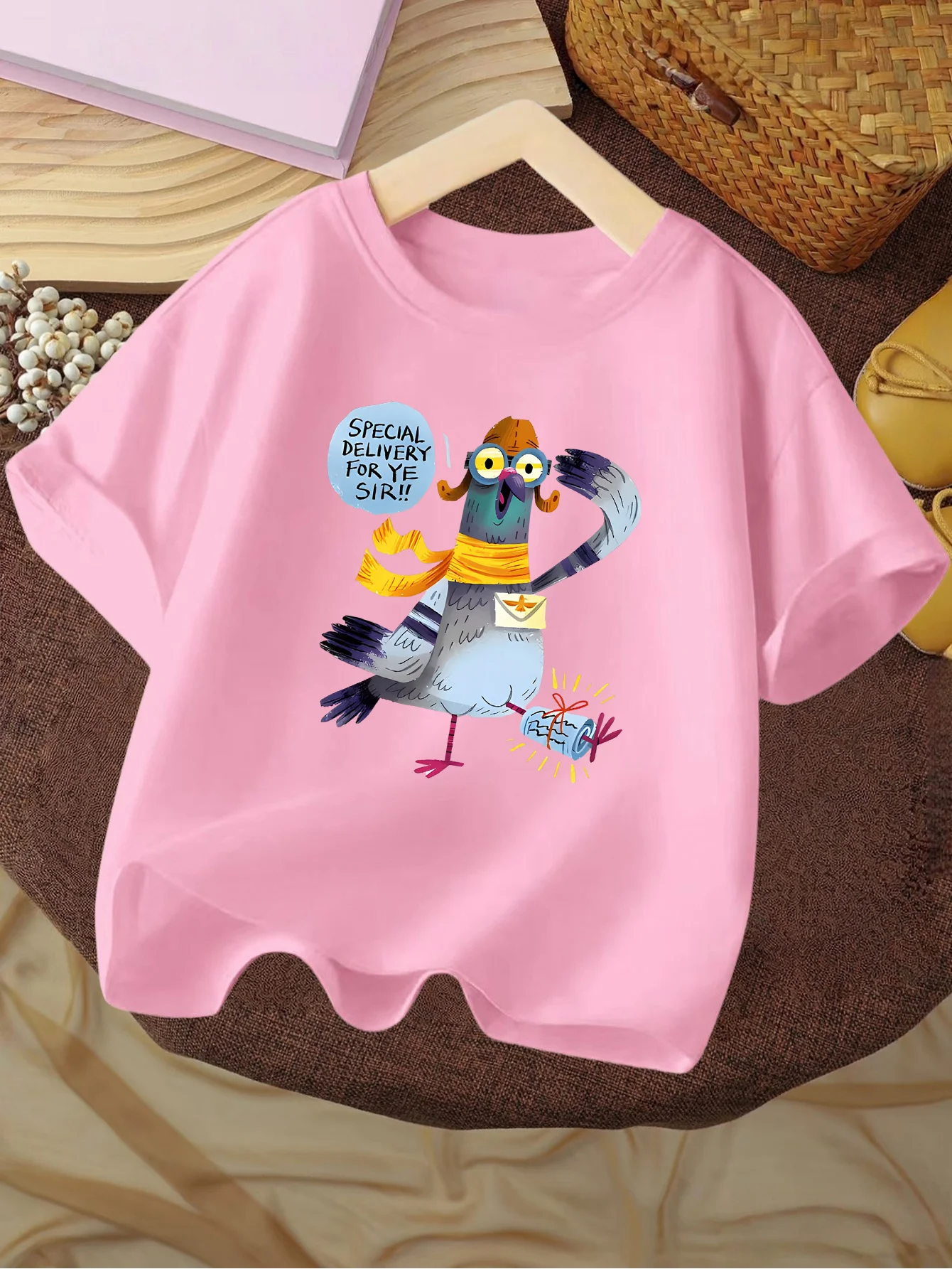 Kids Tee Funny Mail Pigeon With Scarf And Letter Speech Bubble Cartoon Art Print Short Sleeve Cotton Children Casual Wear