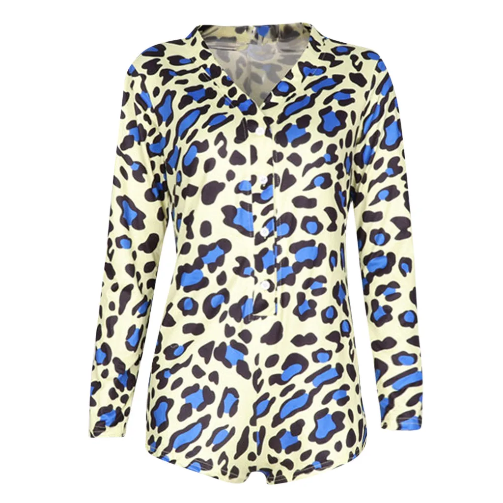 Sexy Women Sleepwear Jumpsuit Leopard Print Deep V Neck Long Sleeve Sleepwear Warm Long Sleeve Bodycon Bodysuit Adjult Romper