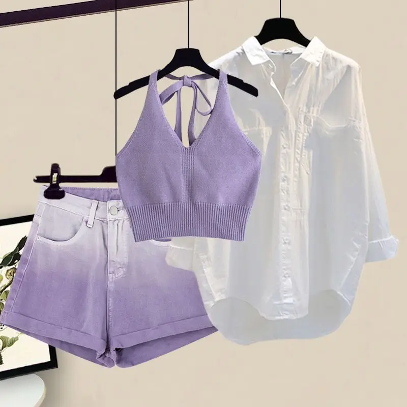 Camisa coreana com protetor solar e shorts jeans femininos, blusa fina, conjunto de 2 peças, vilões, conjuntos de saias, moda verão, novo, 2023
