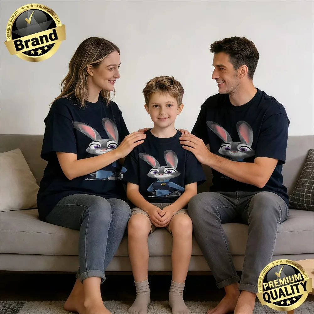 

2026 Summer Zootopia Judy Hopps Print 100% Cotton Family T-Shirts, Loose Casual Tees, Single Piece or 3-Pack Family Set Fashion