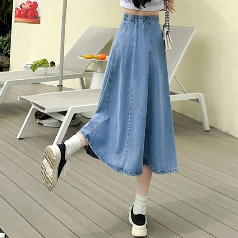 2026 Spring Autumn Women Denim Midi Skirt High Waist Button Zipper Fly A-Line Hem Skirt  Blue Skirt Office Lady Denim Skirts