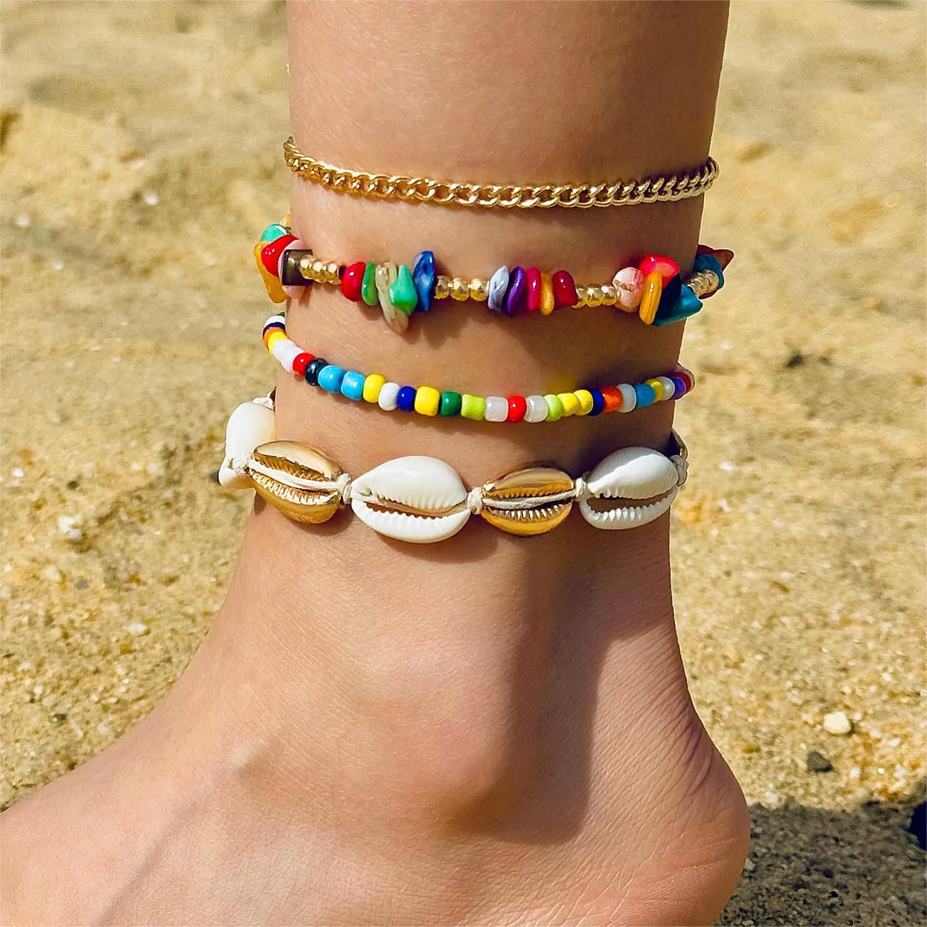 Bohemian Shell Anklet Set For Women Colorful Seed Beads Chain On Foot Summer Ankle Bracelet Girls Boho Beach Jewelry Accessories