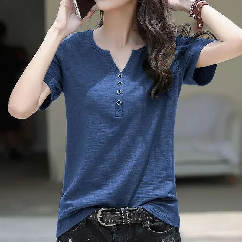 Women's V-neck T-shirt 2025 New Loose Large Size Women's Shirt Ins Top Short Sleeve T-Shirt Women's Blended Cotton