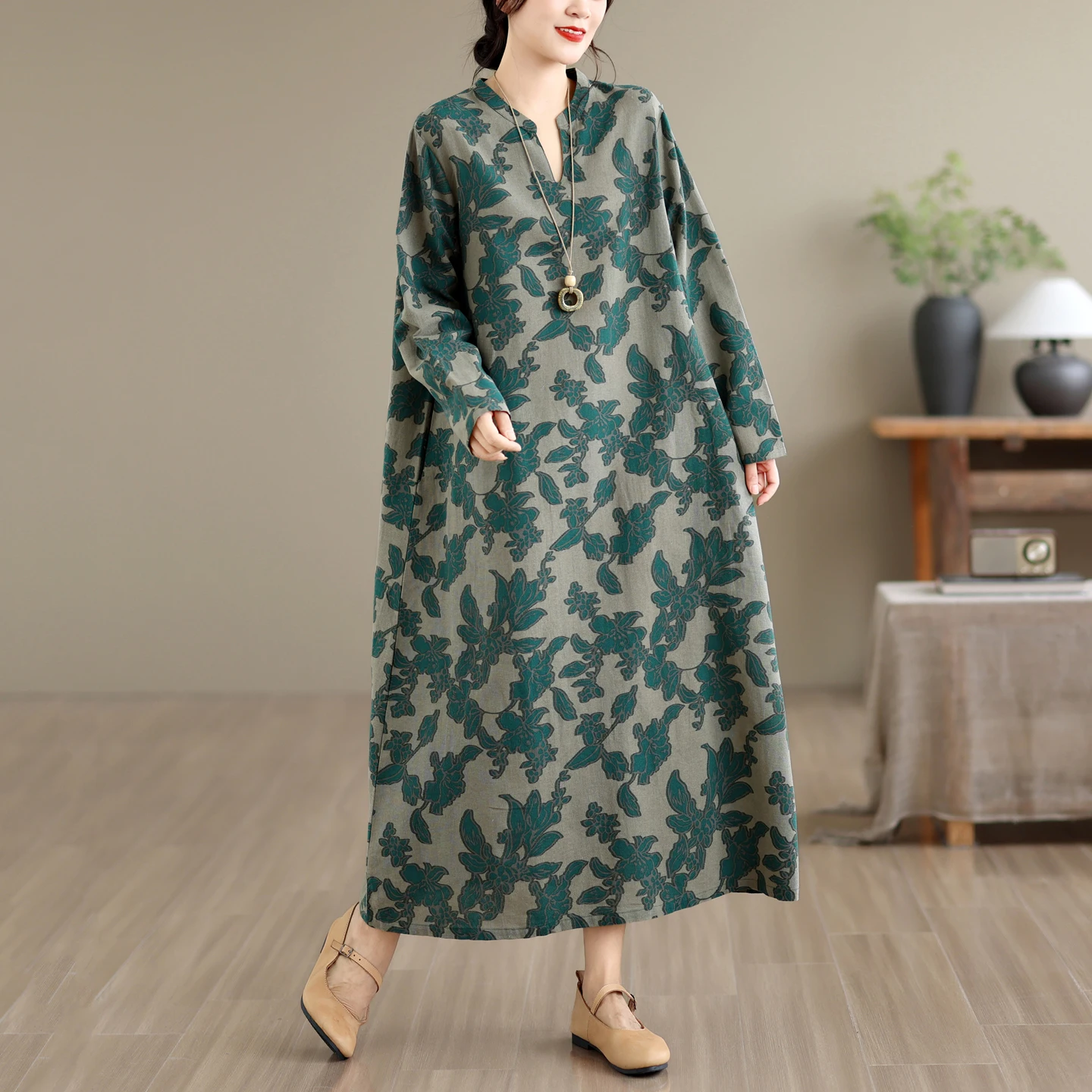 plus Size Vintage Printed Long Sleeve Loose Fitting Concealing Meat Large Size Dress Long Dress Artistic Style City Walk Cotton 2