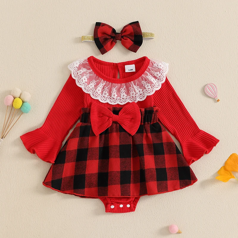 Baby Girls Checkered Set Lace Trim Ribbed Long Bell Sleeve Romper Dress Bow Headband Adorable 2-Piece Outfits