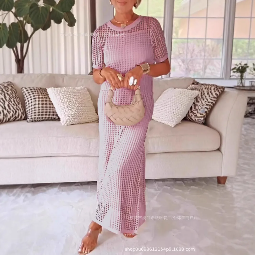 2025年ヨーロッパ新ファッションレディース無地カジュアルトレンドホローアウトOネック半袖ツーピースセット女性服