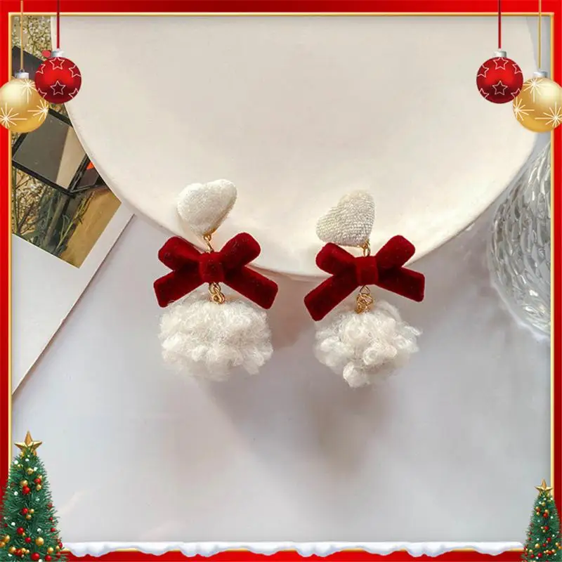 Christmas Wine Red Velvet Bow Earring Chinese Style Earrings Cheap And Affordable  Velvet Plush Ball Dangle Earrings Jewelry