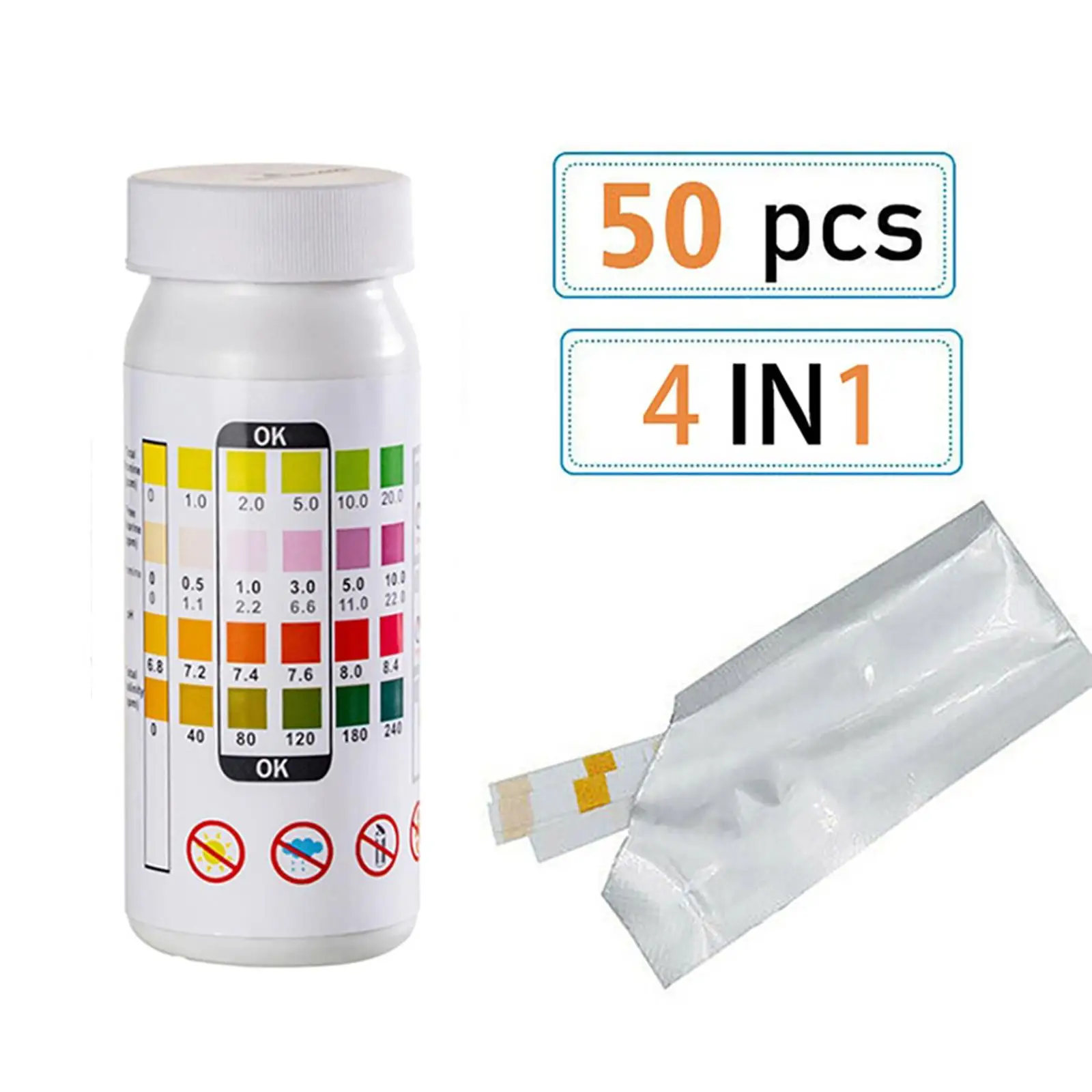 50Pcs Swimming Pool Water Quality 4-in-1 Test Strip Residual Chlorine PH Tester,