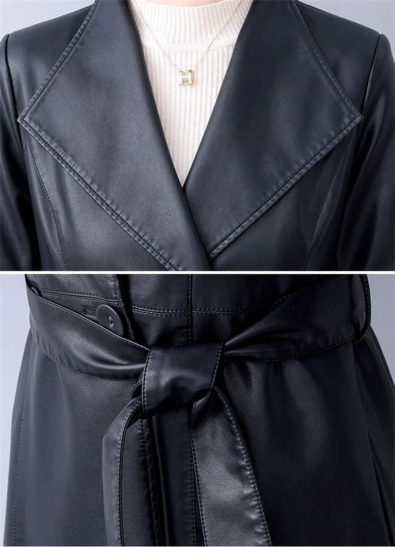 Autumn Winter Long blue Black Soft Sheepskin Leather Trench Coat for Women Belt Skirted Elegant Luxury Fashion M-5xL