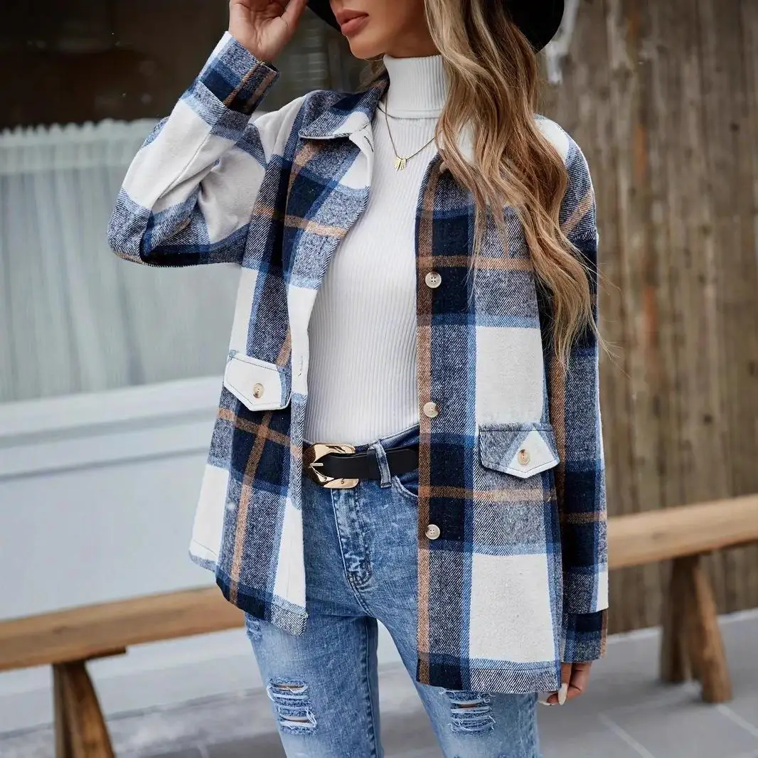 

Women's Plaid Shirt Jacket British Style Long Sleeve Printed Casual Coat Durable Fabric Winter Fashion Ladies' Top