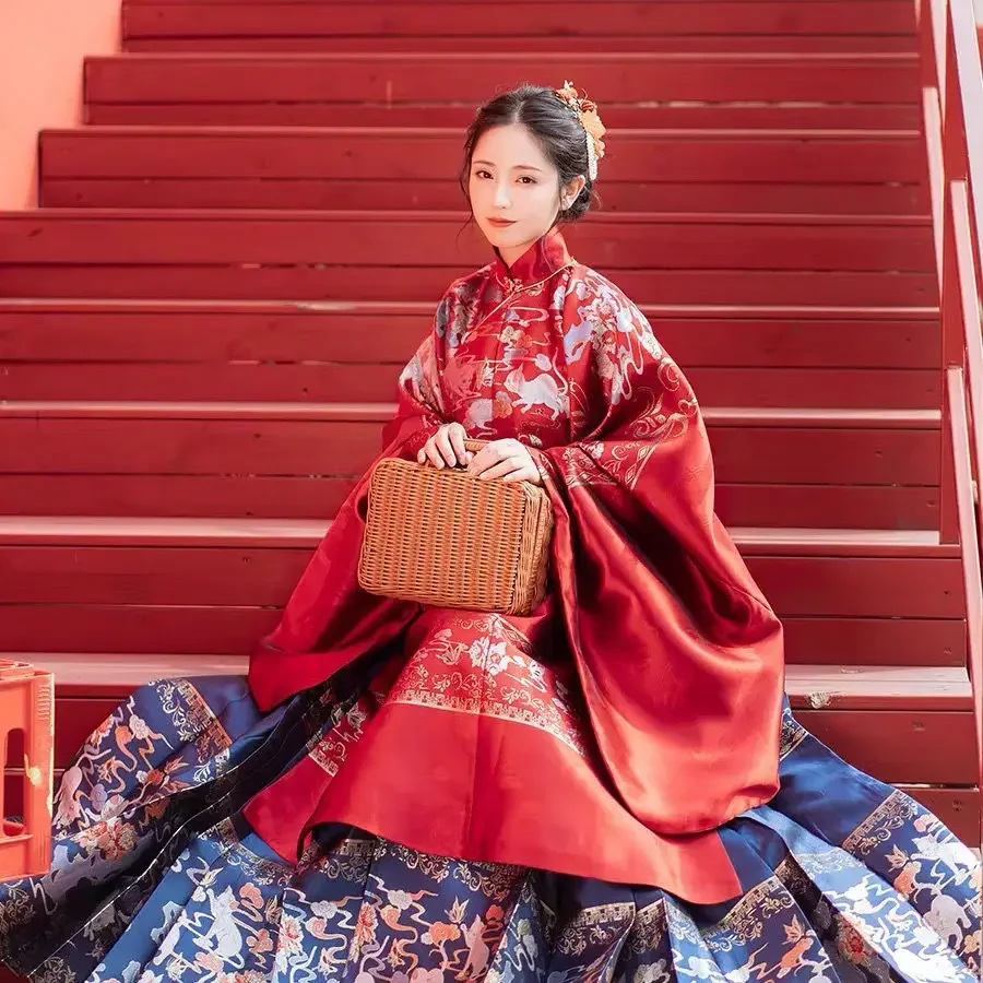 

오리엔탈드레싱 Autumn Chinese Traditional Ming Dynasty Stand-up Collar Long Coat Woven Golden Horse Skirt Palace Red Hanfu Suit Women