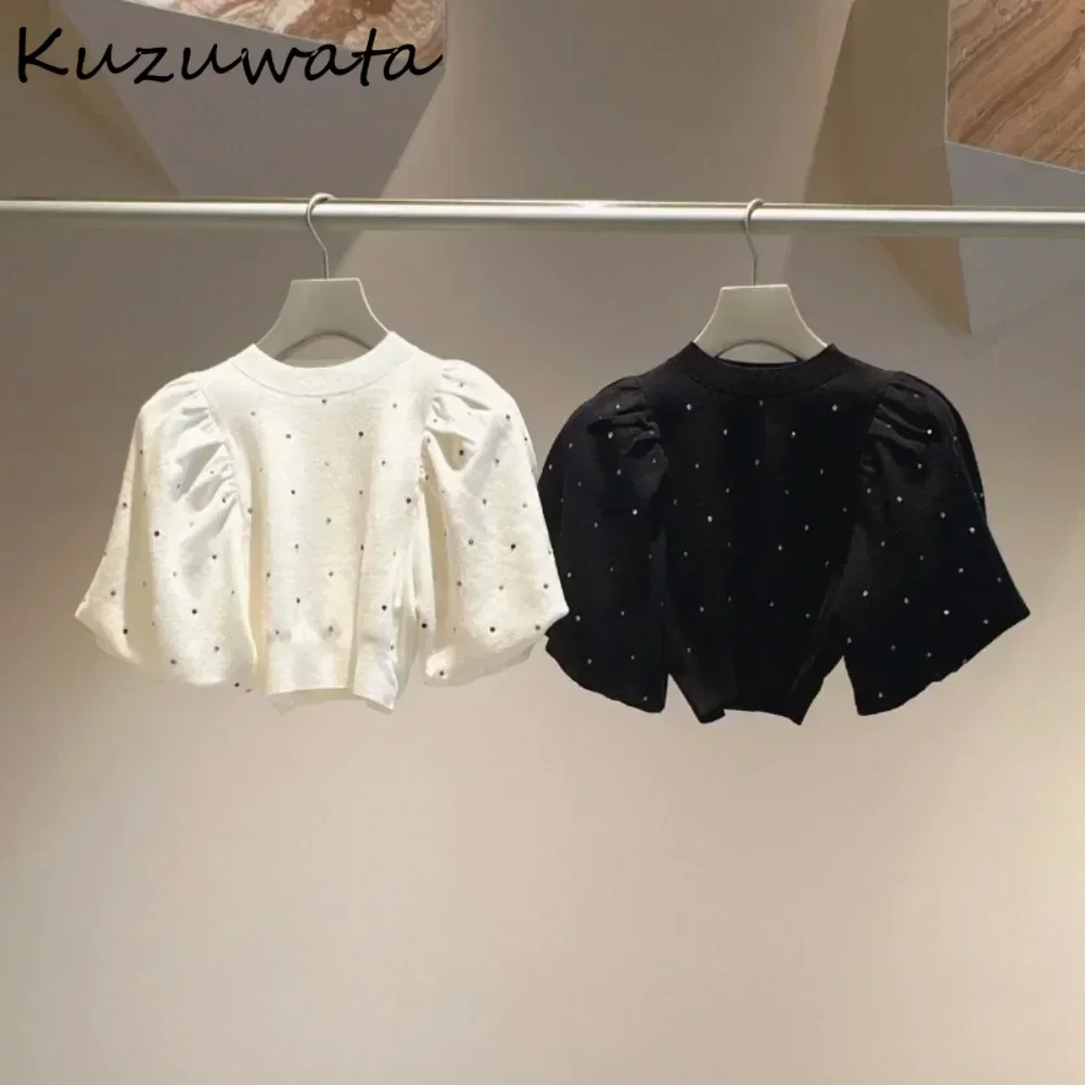 Kuzuwata Early Autumn New O Neck Puff Sleeve Jumper All-match Exquisite Diamonds Sweet Pullover Japan Moda Fresh Knit Sweaters