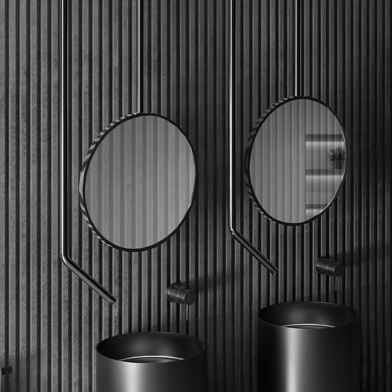 The inductive faucet on the ceiling of the luxury hotel club is concealed by the wall-type washbasin bathtub.