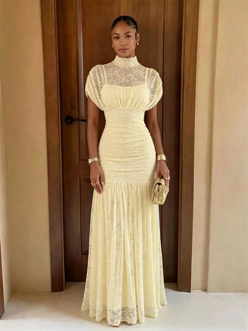 chic-lace-mermaid-prom-dress-high-neck-ruched-party-gown-bodycon-waist-short-sleeve-floor-length-evening-wedding-formal-robe