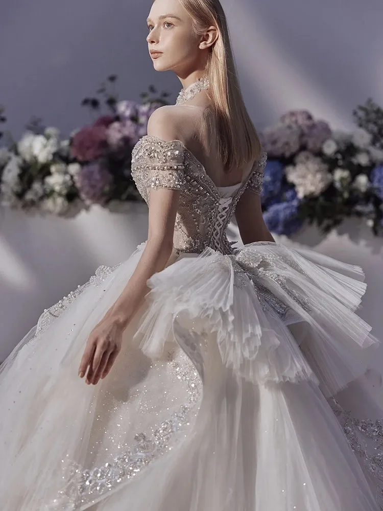 Vestido De novia con apliques De encaje y perlas, Vestido De novia De talla grande, hecho a medida, hombros descubiertos, precioso, nuevo, 2023