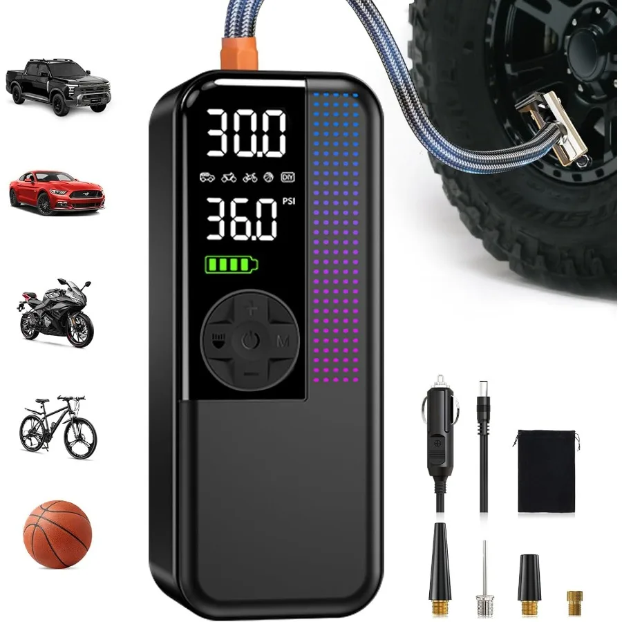 

Portable Air Compressor 150 PSI Cordless 12V DC Car Plug Inflator 10000mAh Dual Power 24L/Min Fast Inflation 4 Preset Modes for