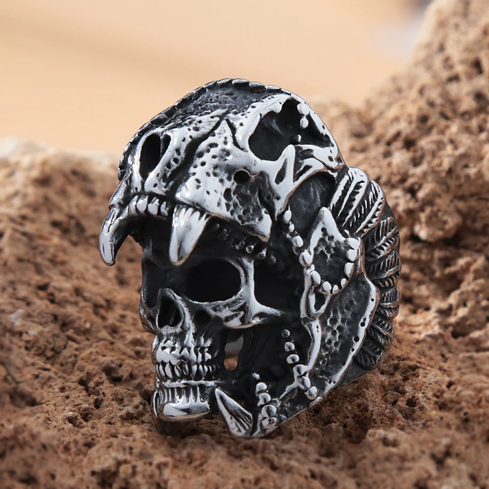 Gothic Stainless Steel Skull Ring For Men Punk Hip Hop Lndia Jaguar Warrior Skull Men Ring Biker Fashion Jewelry Gift Wholesale