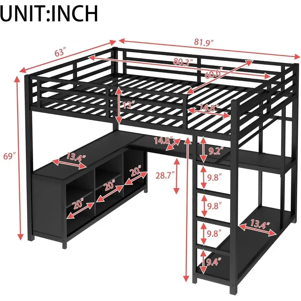 Queen Size Metal Bed with Desk, Wardrobe, Suitable for Adults, Kids, Teens, Black