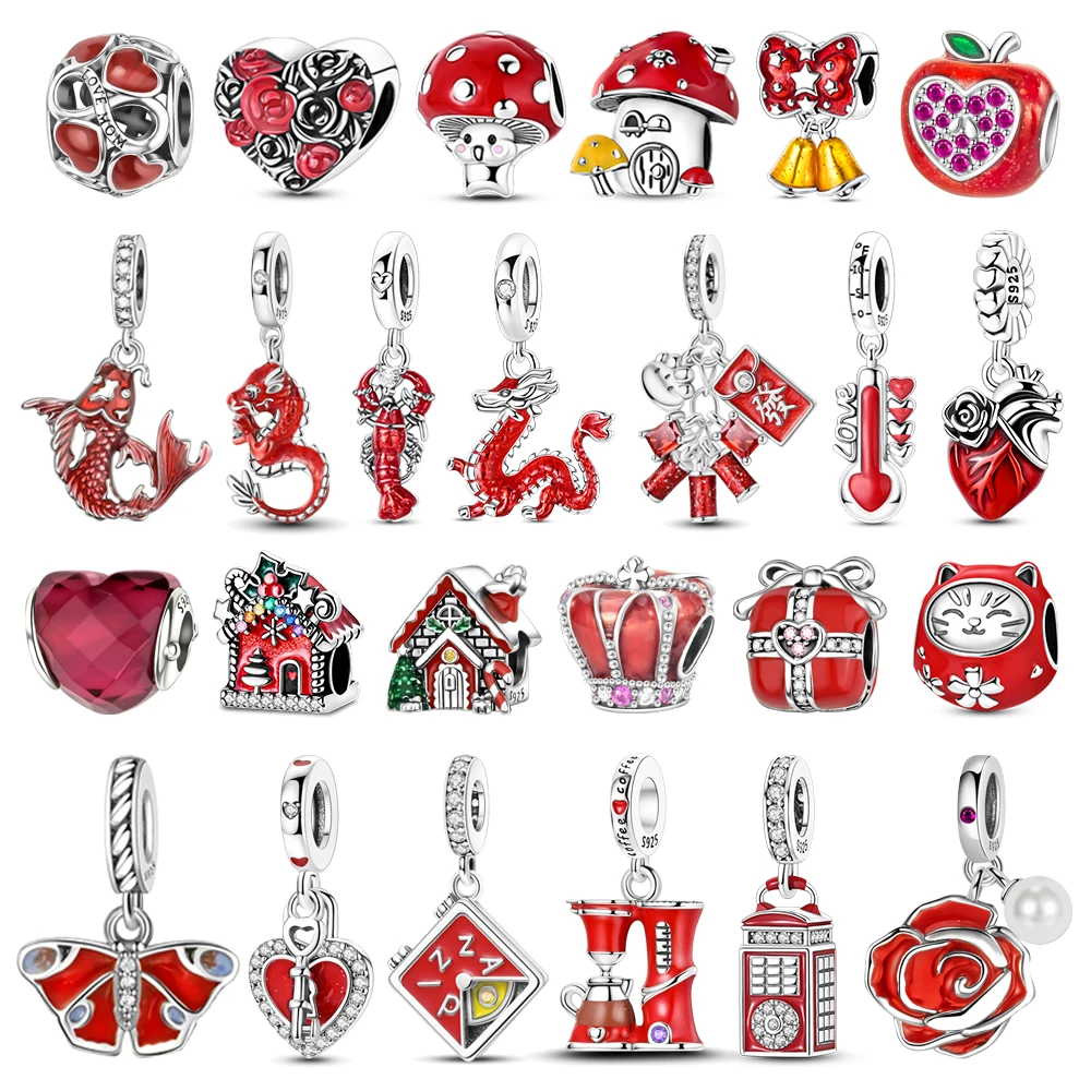 

Red Series 925 Sterling Silver Koi Heart Mushroom Firecracker Coffee Machine Charm Fit DIY Bracelet Necklace Exquisite Fun Gifts