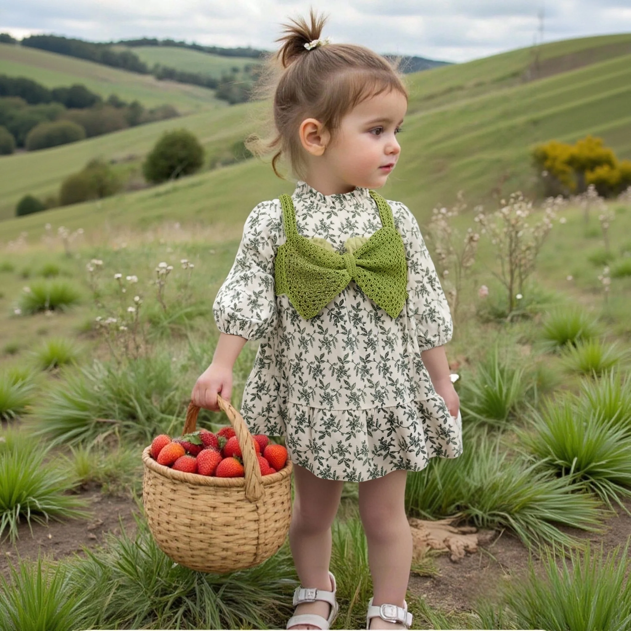 

Baby Clothes Girl Spring And Autumn Bow And Falling Leaves Pattern Fake Two Pieces Girls Dress Cute Casual Girl Kid's Dress