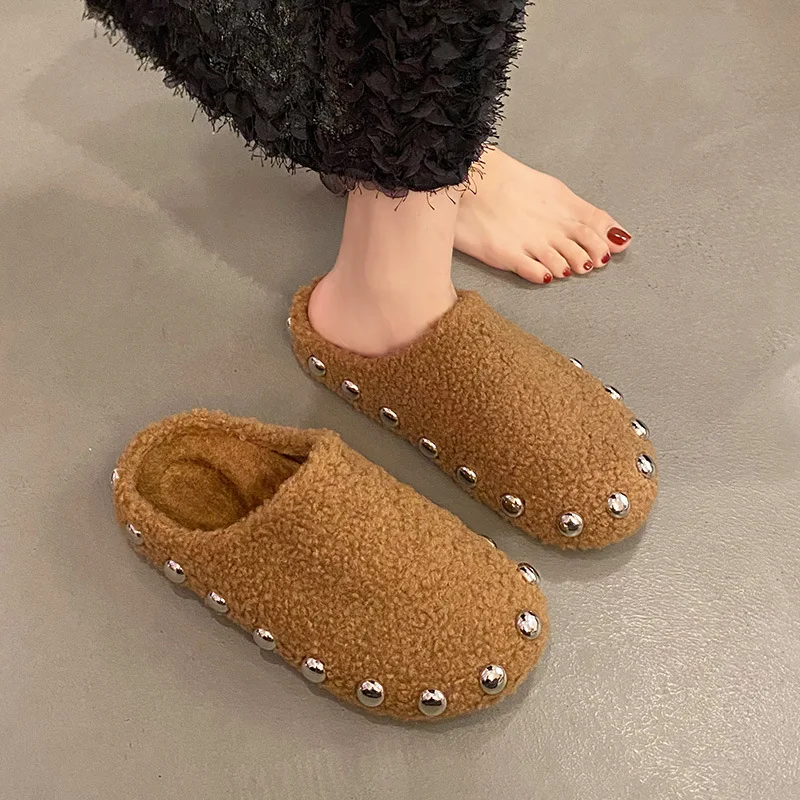 

Half Slippers Autumn and Winter New Style Metal Rivets Flat-soled Furry Simple and Versatile Slip-on Comfortable Cotton Slippers