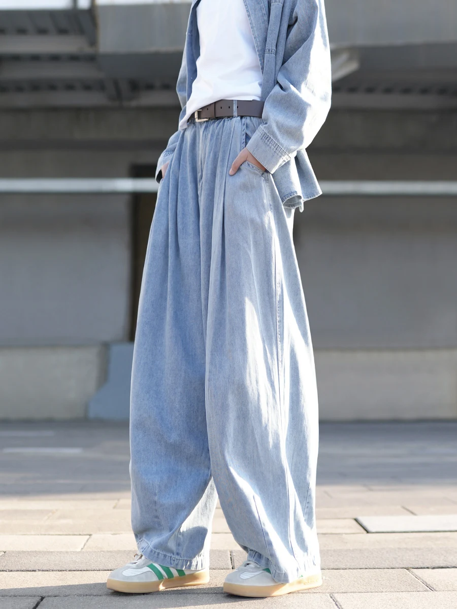 

Голубые драпированные широкие джинсы, женские весенне-осенние тонкие свободные корейские повседневные свободные джинсы, свободная посадка, повседневная одежда