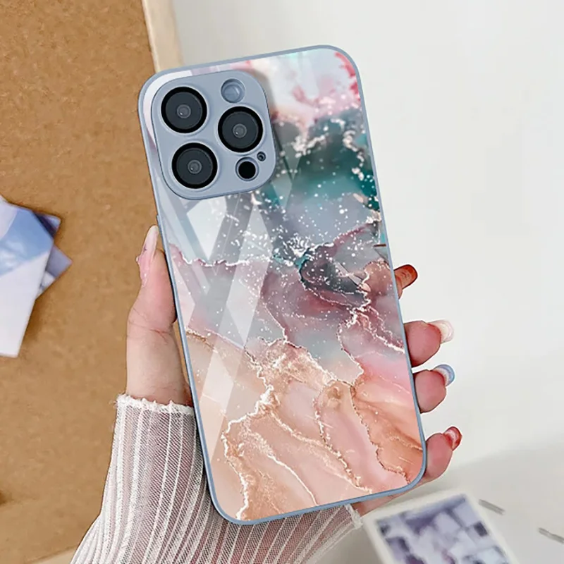 Marble Pattern Phone Case For iPhone 15 Pro Max Case iPhone 13 11 12 14 Pro Max X XR XS 7 8 15 Plus SE 2020 Tempered Glass Cover