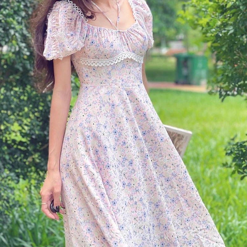 

Sweet Floral Print Holiday Summer Dress Women Vintage Puff Sleeve Slit Hem A-line Midi Dresses French Style Robe