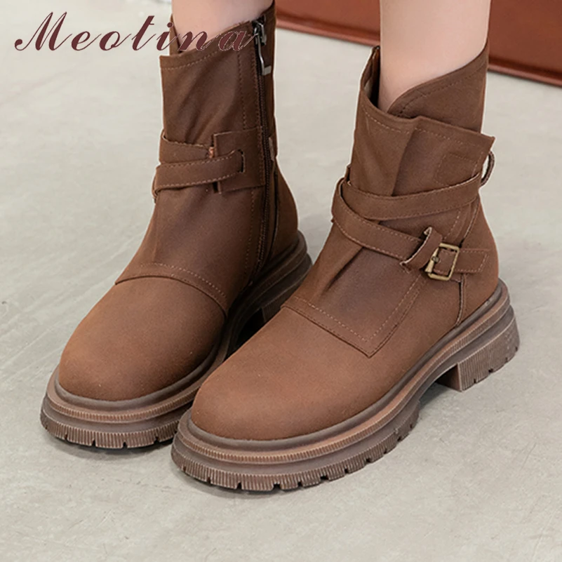 

Meotina Women Genuine Leather Ankle Boots Round Toe Thick Mid Heels Platform Buckle Zipper Short Boot Ladies Shoes Autumn Winter