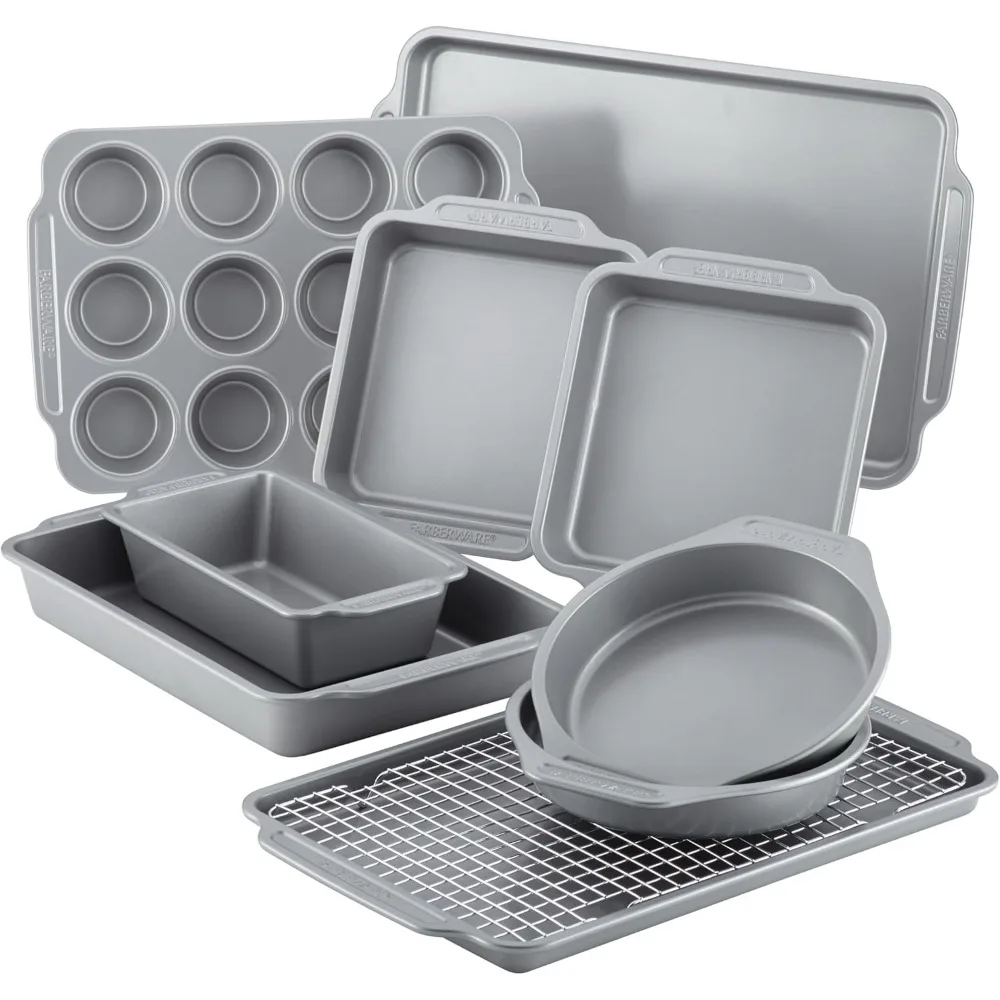 

Nonstick Steel Bakeware Set with Cooling Rack, Baking Pan and Cookie Sheet, 10-Piece Gray Kitchen Essentials