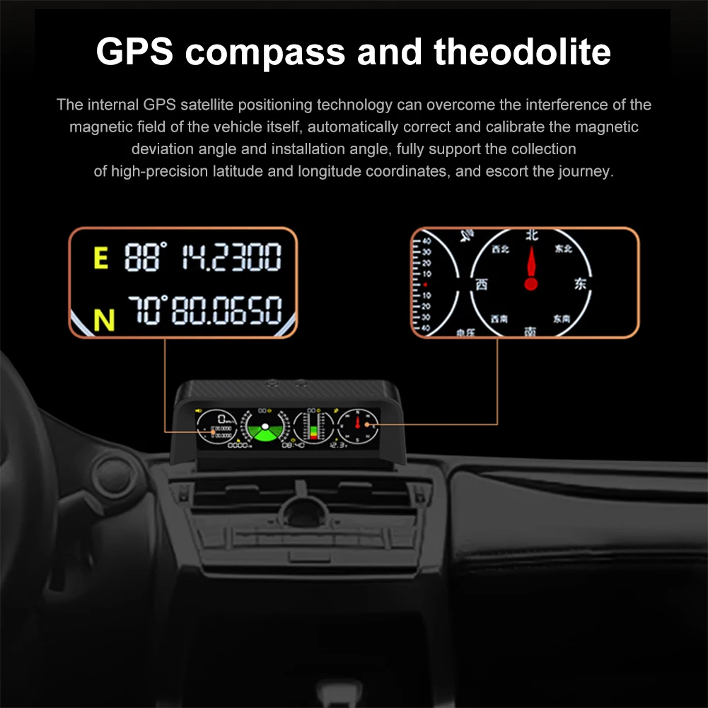 Car HUD Inclinometer Head Up Display GPS Speedometer MPH Compass Digital Slope Angle Meter Altitude Gauge for Off-Road Vehicles