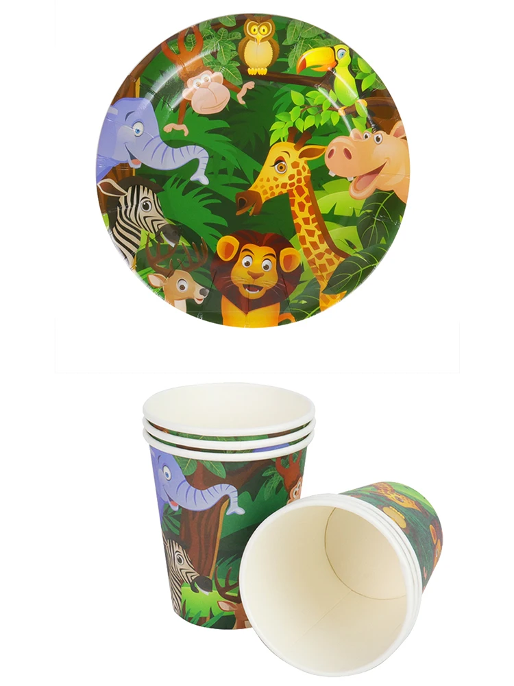 12pcs Jungle Animal Plate and Cup Set Safari Birthday Party Paper Disposable Plate Cup Kids Birthday Party Supplies