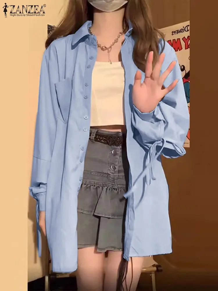 

ZANZEA Korean Cardigans Shirts Harajuku Loose Cuff Tie Cord Shirts Women Spring Lantern Long Sleeve Tops Retro Tunic Oversized
