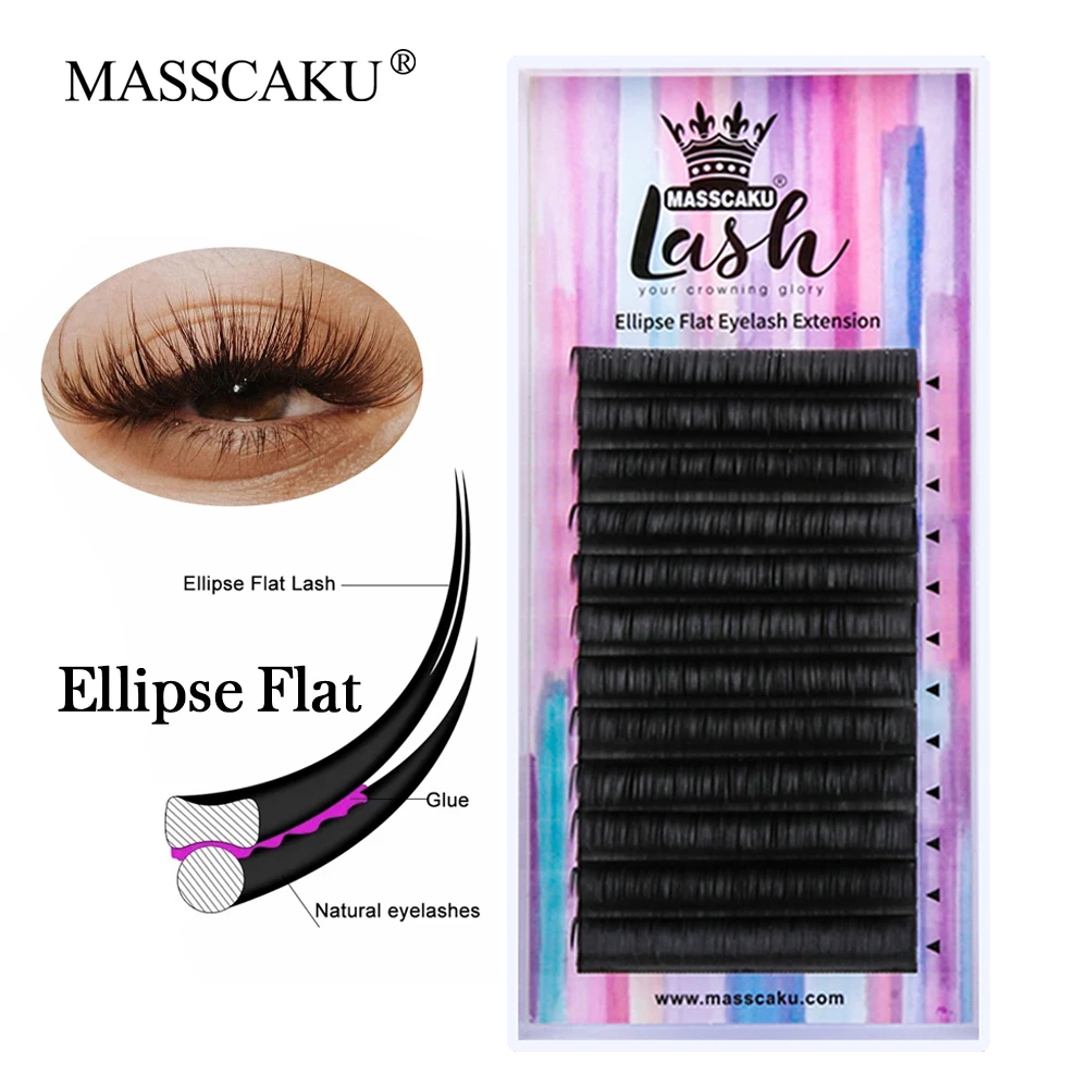 

Wholesale Ellipse Flat Lashes Extension Supplies Double Split Tips Shaped Eyelashes Matte Black Ribbon Synthetic Mink Eyelash