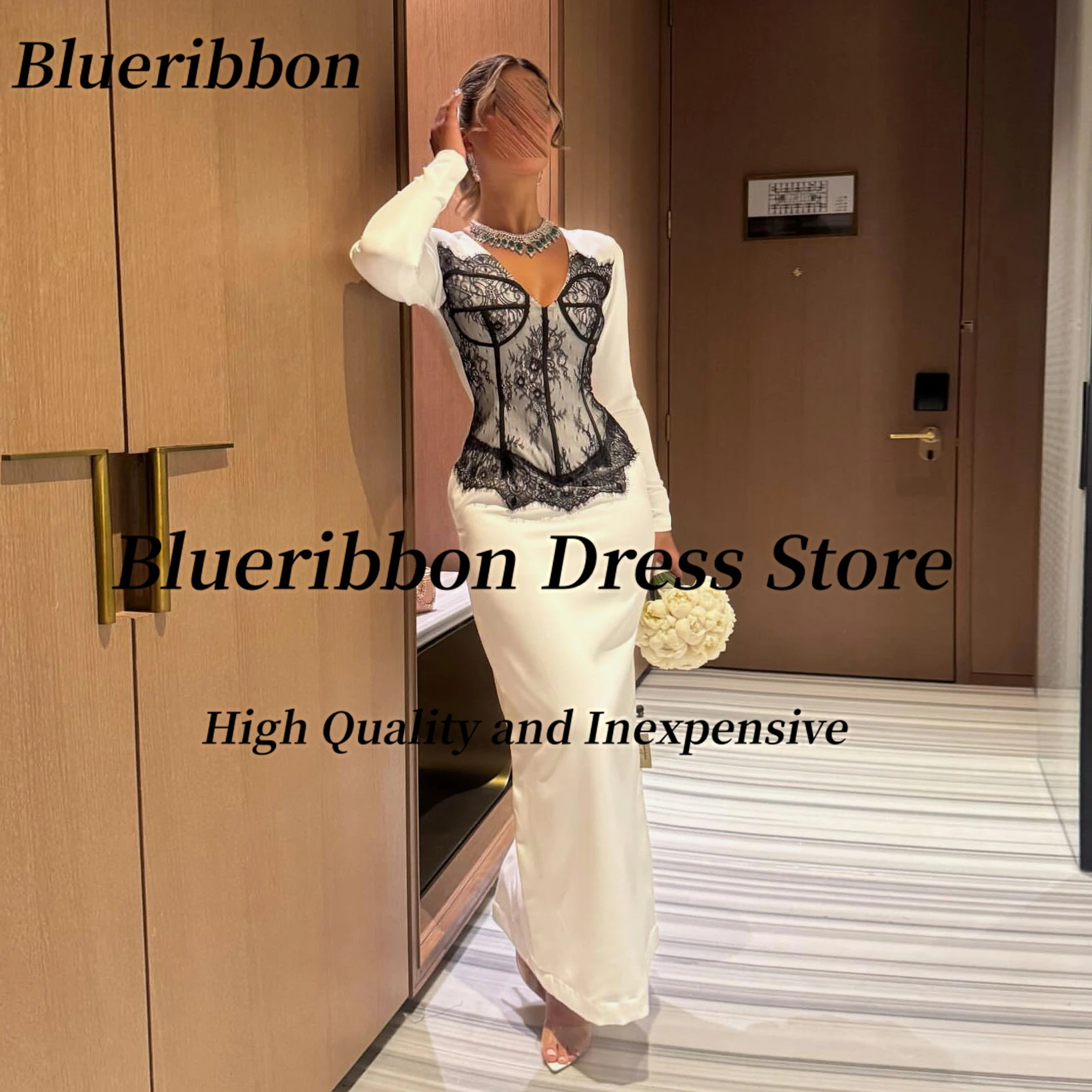 

Blueribbon V-образным вырезом Пром платья на молнии с разрезом сзади Вечерние платья с черным кружевом и длинными рукавами Свадебное платье по индивидуальному заказу