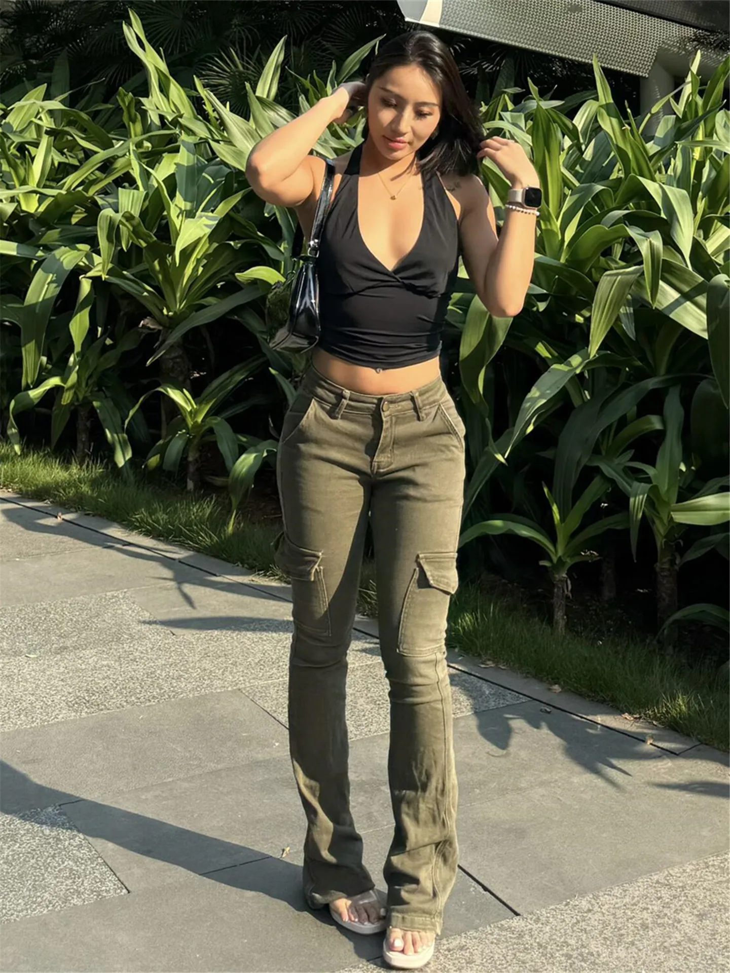American Street Style Military Green High Waist Wide Leg Jeans Women Summer Slim Fit Multiple Pockets Workwear Pants