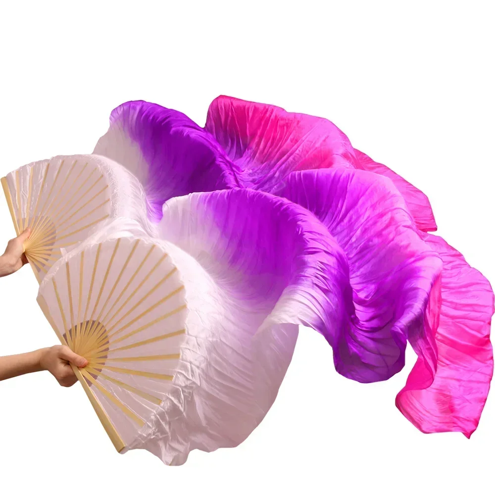 Customized 100% Silk Handmade Dyed Belly Dance Fans 1Pair Left+Right Hand Belly Dance Performance Fans White+Purple+Rose 5 Sizes