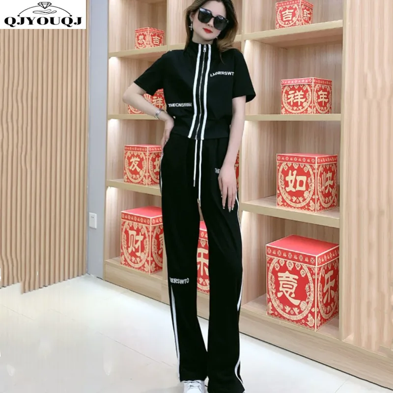 Casual Sports Set Spring/Summer Letter Short Sleeve Zipper Top+Fashion Wide Leg Pants Two Piece Set