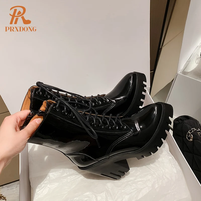 PRXDONG Women\'s Shoes 2022 New Genuine Leather Chunky High Heels Platform Black Zipper Dress Party Motorcycle Ankle Boots Shoes