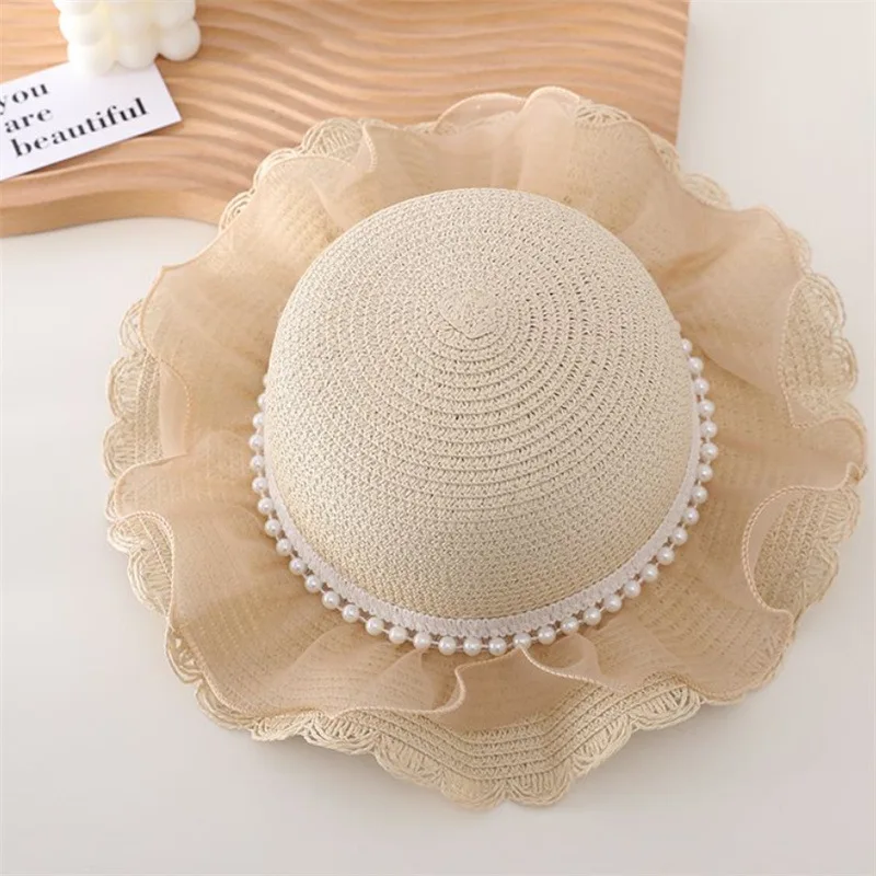 1 Piece of Clothing Children Fashion Cute Lace Pearl Decoration Foreign Style Princess Summer Sun Sunscreen Fisherman Hat