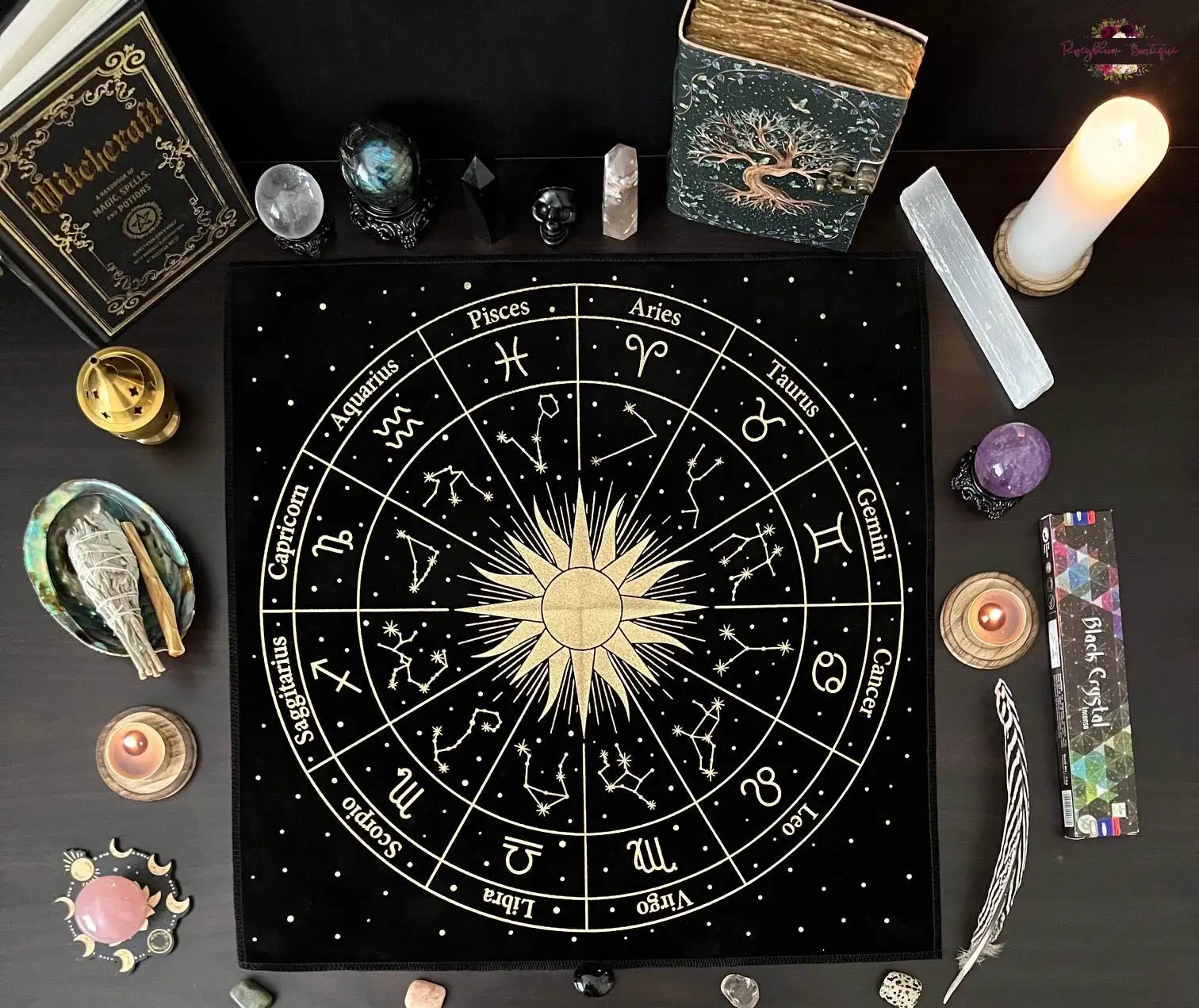 VIKAMA Black Gold Zodiac Star Chart Tarot Tablecloth Astrology Altar Cloth Wear resistant Ritual Divination Cloth
