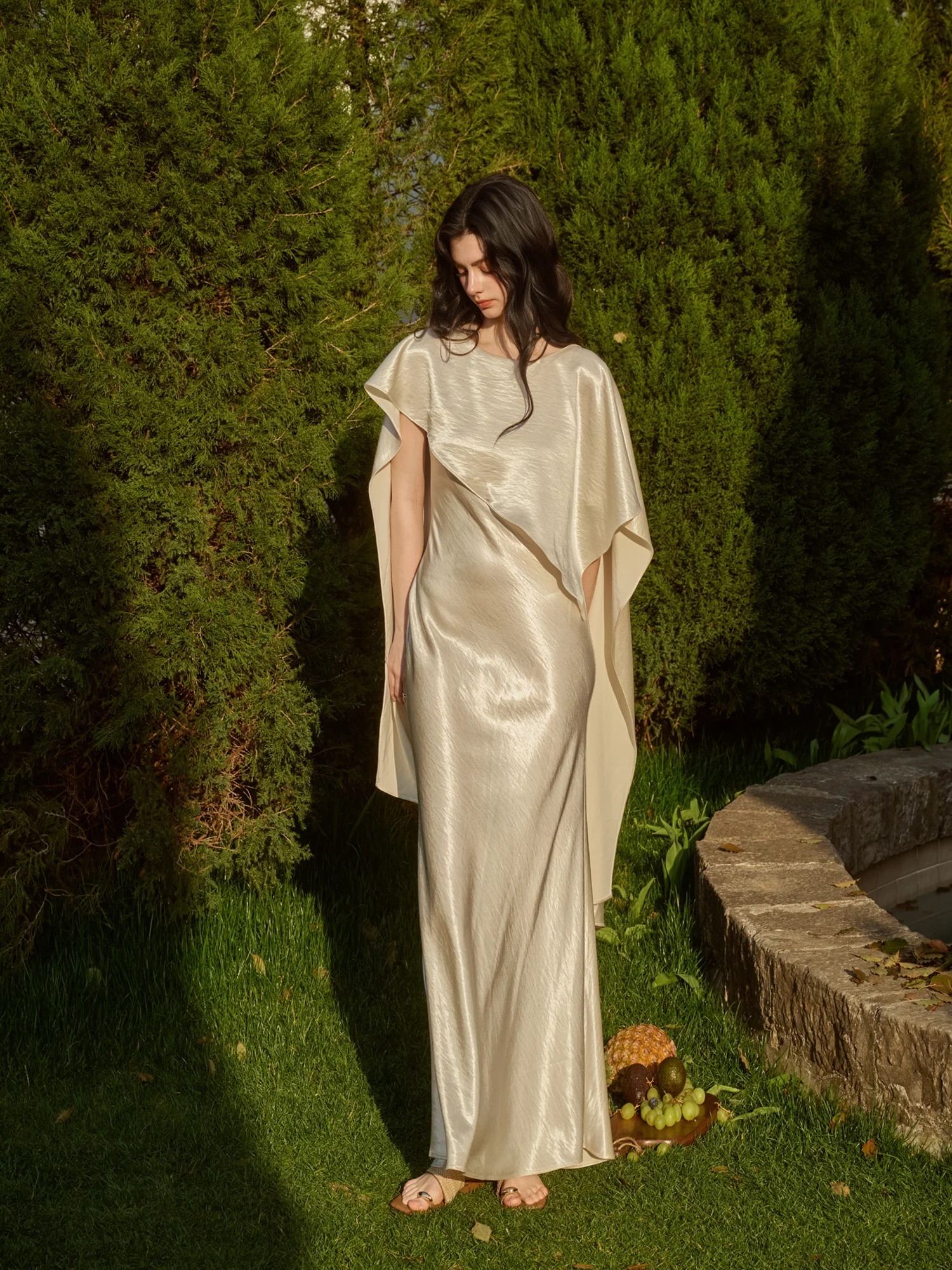 Reve Haute Couture Acetate Satin Wave Patterned Skirt Dress with Scarf Neck Design Heavy Embroidery A-Line Silhouette V-Neck ...