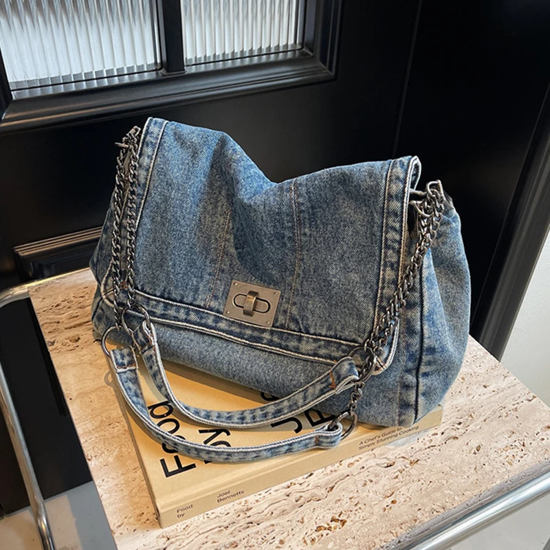 

Women's Anti-fading Denim Shoulder Bag Large Capacity Lock Underarm Handbag High Quality Fashionable Versatile Chain Canvas Bag