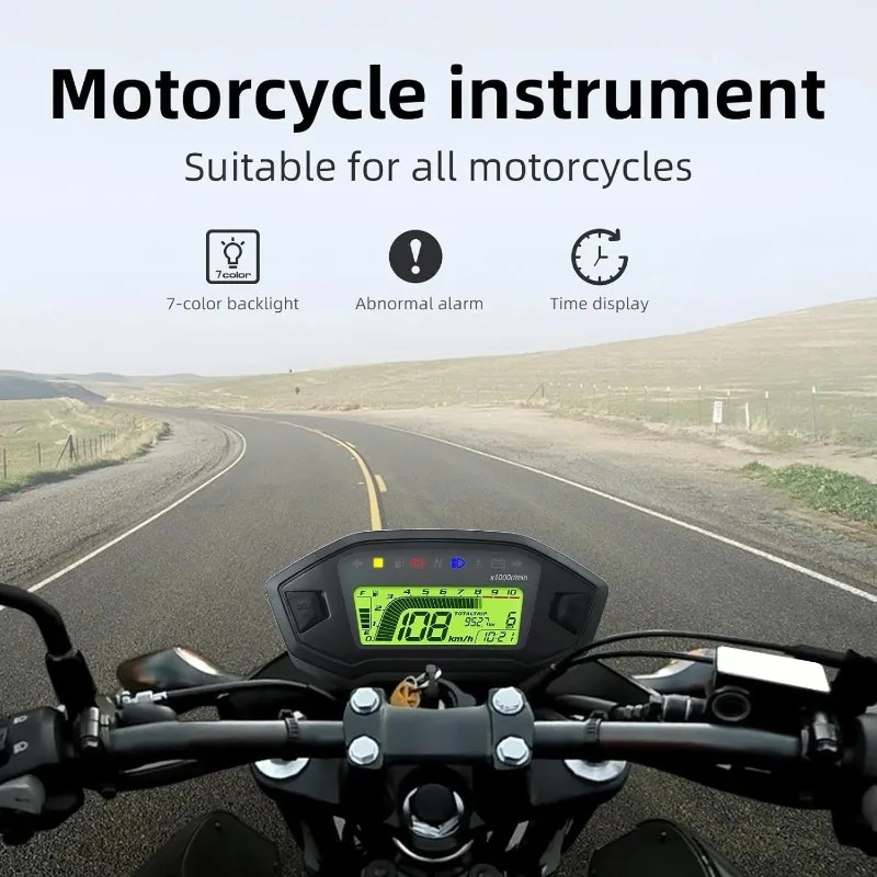 LCD Digital Tachometer Speedometer Odometer Gauge Universal Adjustable 7 Colors For 2, 4 Cylinders Motorcycle