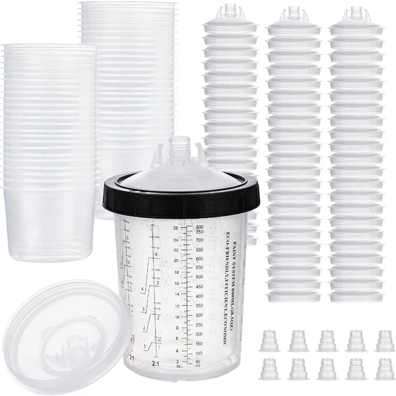 

【A87T】Paint Cup System 28 Ounce(800Ml) For HVLP And LVLP Kit With 50 Cups& Lids System, 1 Hard Cup Retainer Ring, 20 Plugs