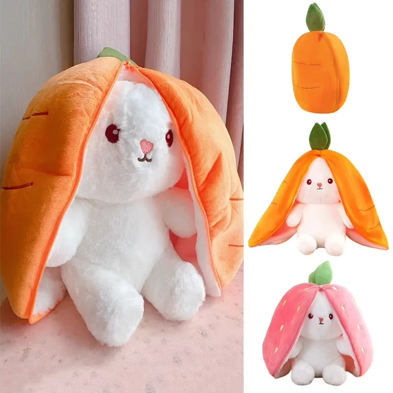 Cute Strawberry Carrot Rabbit Plush Toy Stuffed Creative Into Fruit Transform Baby Cuddly Bunny Doll 25cm for Kid Birthday Gift