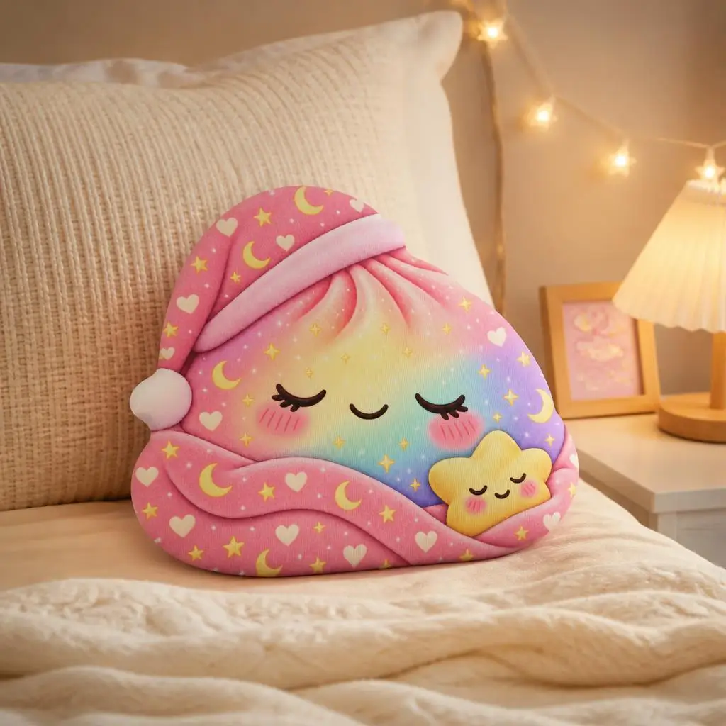 Kawaii Sleepy Rainbow Plush Pillow with Star Nightcap Cute Bedtime Cushion Irregular Stuffed Throw Pillow for Bedroom Decor