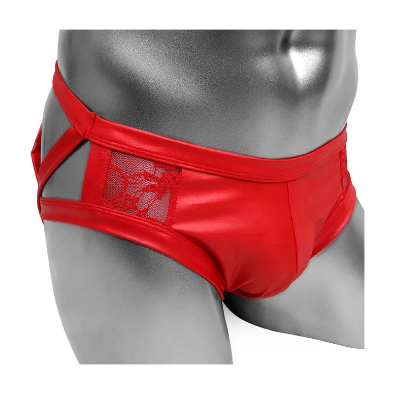 

Sissy Faux Leather Panties With Floral Lace Butt See Through Sexy Lingerie Gay Mens Briefs Underwear Hollow Out Slim Male