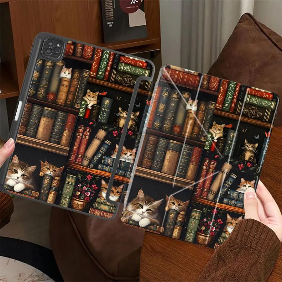 

Retro Book Wall And Cat Holder Cover Tablet Case For iPad Pro 11th 10th 9th 8th 7th 12.9inch Air 4 5 M3 M2 M4 11inch Mini 6 7